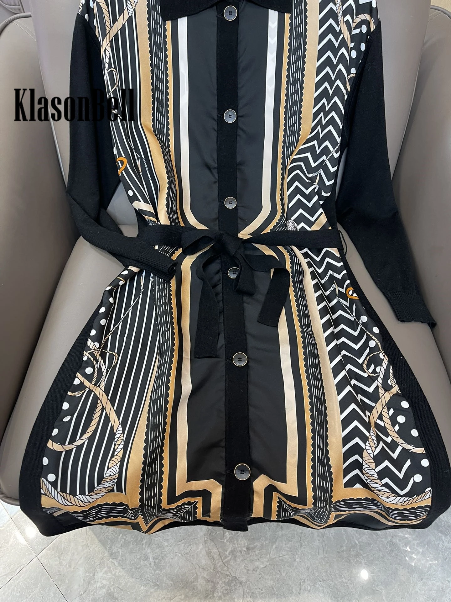 9.25 KlasonBell Vintage Silk Print Pattern Long Sleeve With Belt Long Knitted Cardigan Women