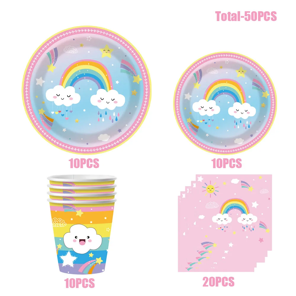 Niedliches Regenbogen-Wolken-Party-Geschirr, Einweg-Pappteller, Becher, Servietten für Mädchen, Babyparty, Kinder, Boho-Geburtstagsdekoration – Detail 5