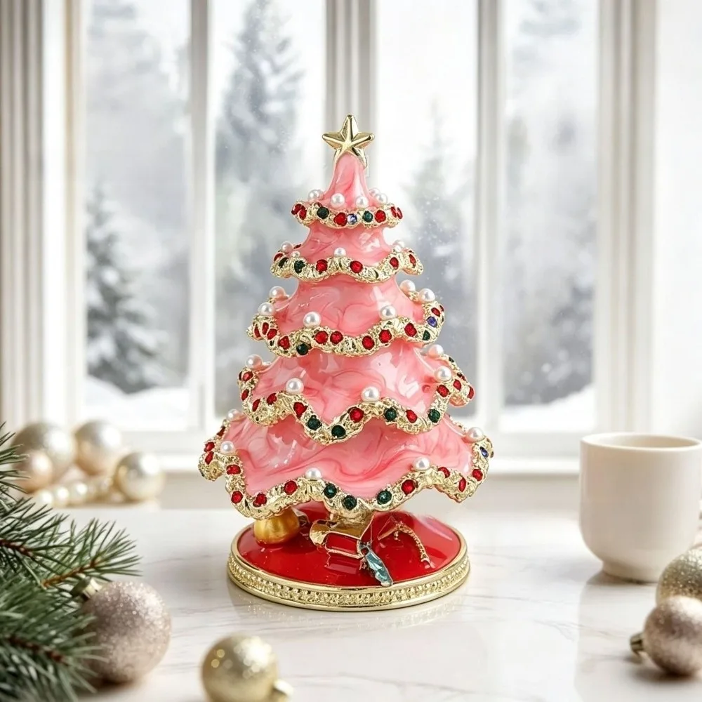 Metal Christmas Tree Ornaments Colorful Enamel Miniature Xmas Tree Pearl Crystal Tabletop Decor