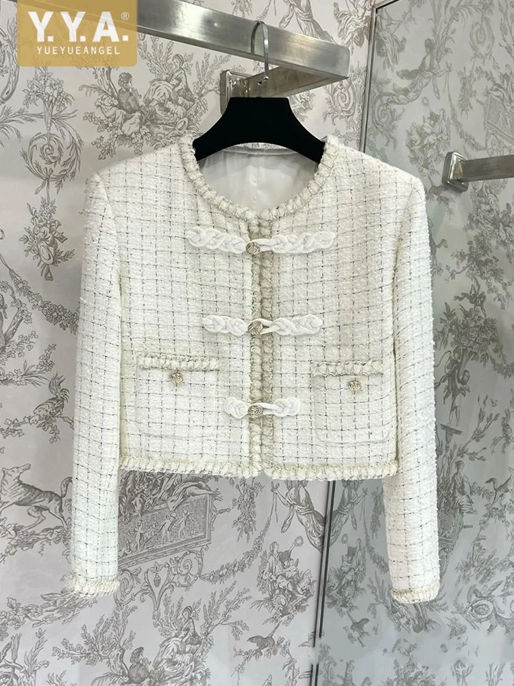 Fashion Women Single Breasted O Neck Plaid Tweed Long Sleeve Short Jacket Designer Autumn Office Lady Coat Elegant Party Jacket