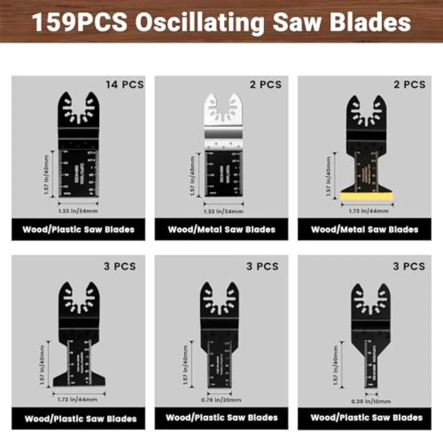 159 PCS Oscillating Saw Blades with Sandpaper, Universal Titanium Multitool Blades for Wood/Plastics/Metal, Quick Release Multi