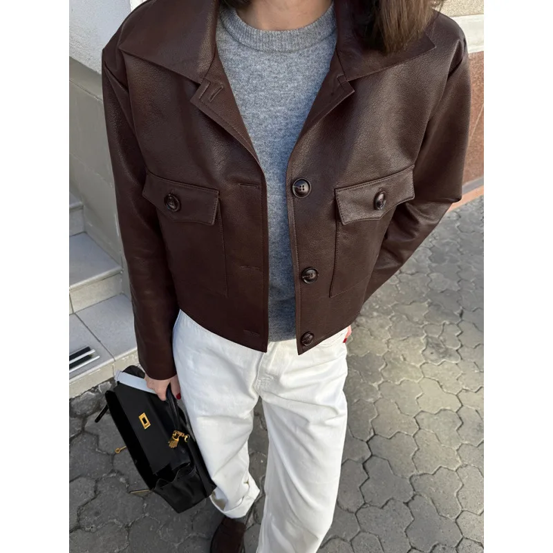 

European and American New Motorcycle Trendy Fashion Lapel Long Sleeve Slim Leather Jacket for Women