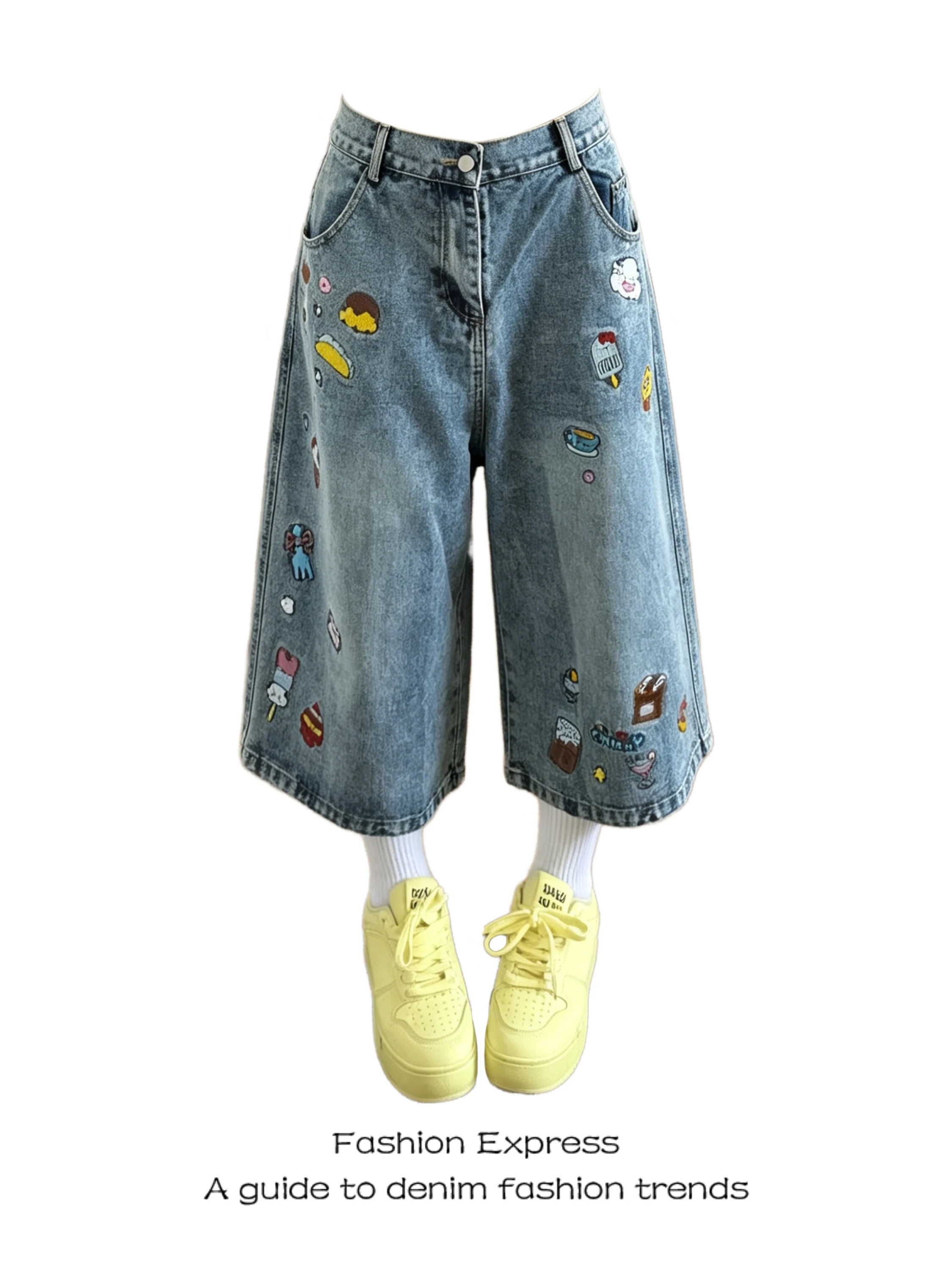 

Blue High Waist Embroidered Denim Shorts Casual Style Wide Leg Pants Seven Tenths Length Fashionable And Slimming Design