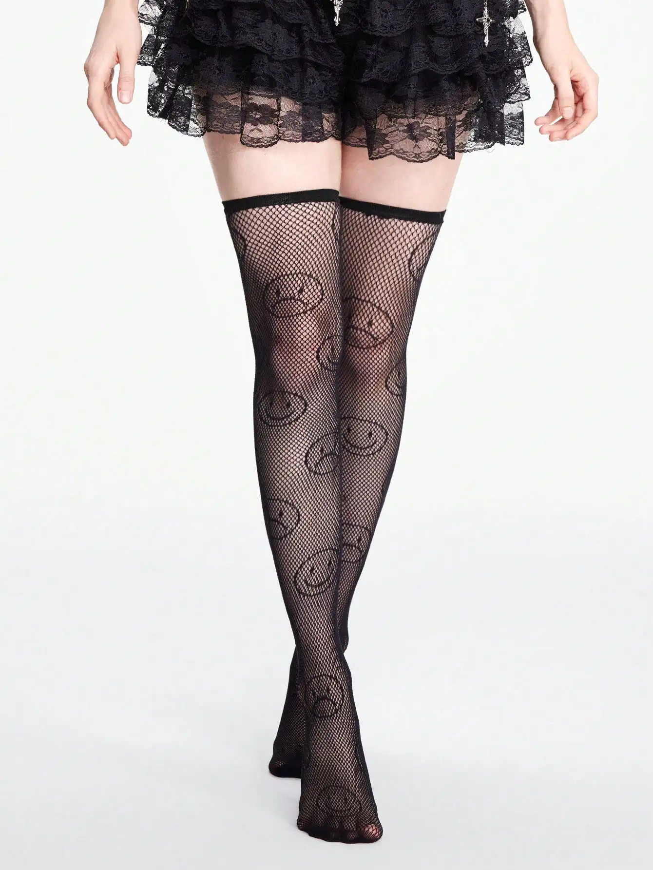 Women Smile Face Fishnet Thigh High Socks Black Mesh Over Knee Stockings Gothic Cute Stretchy Hosiery