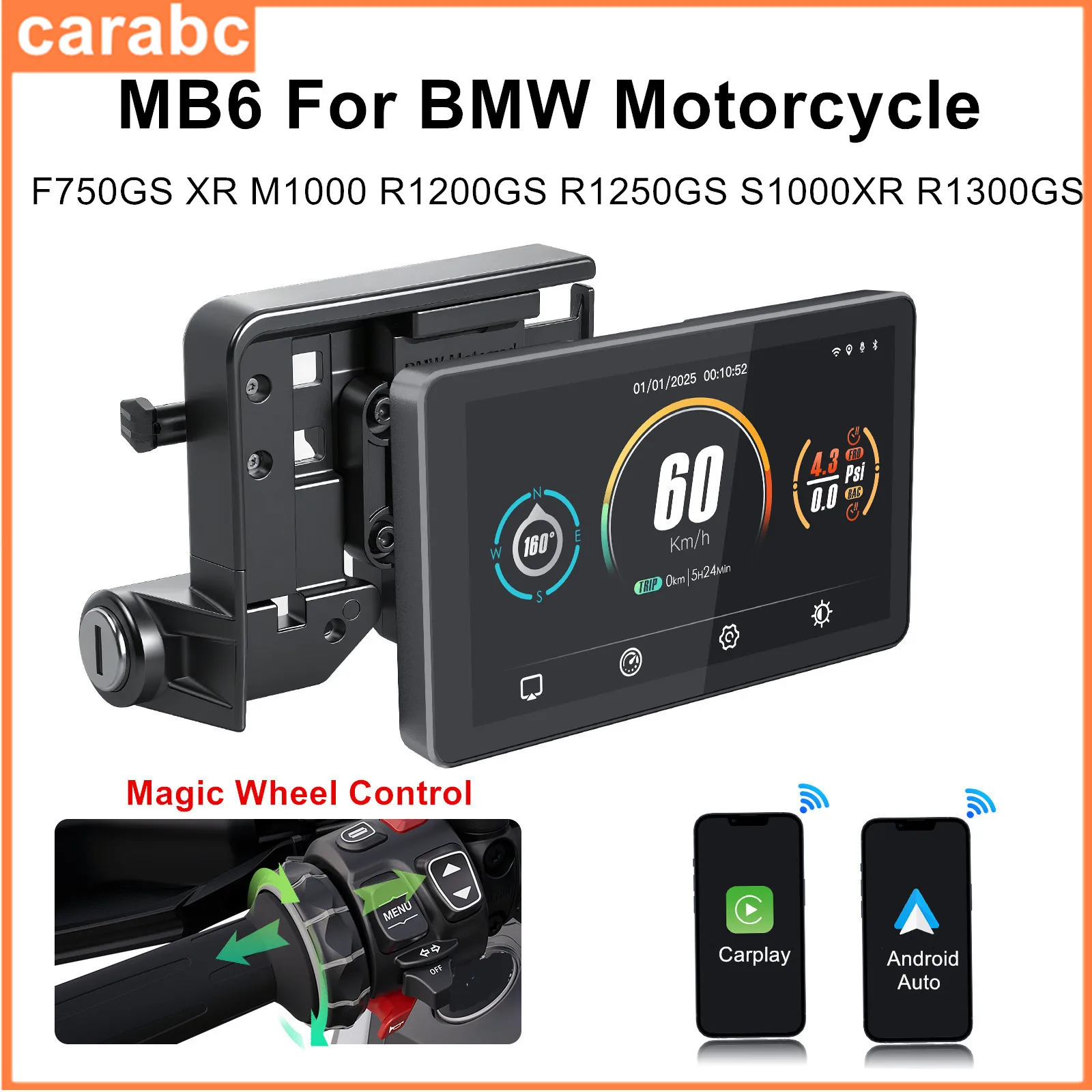 

Беспроводной экран навигации CARABC с поддержкой CarPlay и Android Auto для мотоциклов BMW F750GS, R1200GS, R1250GS, R1300GS