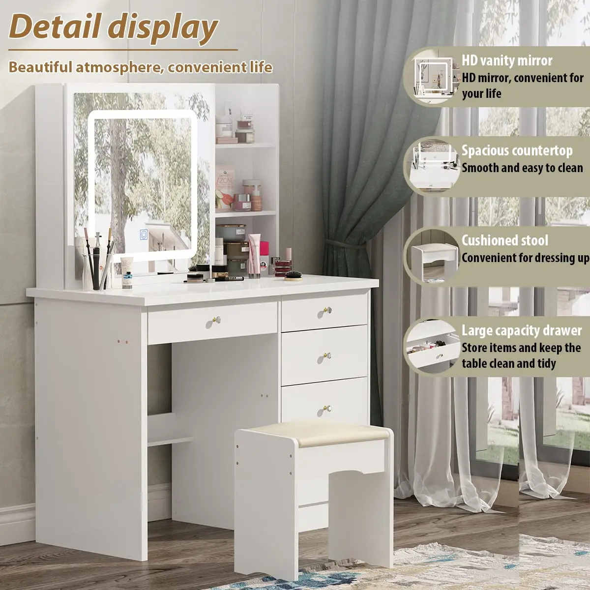 Large Vanity Table Set Makeup Vanity Dressing Table with Mirror, 5 Drawers & Shelves, Dresser Desk and Cushioned Stool, Custom