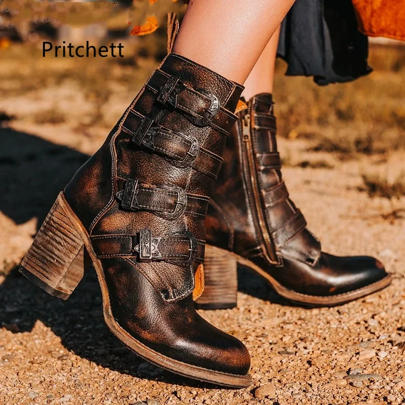 

Dark Brown High Heels Ankle Boots for Women Belt Buckle Round Toe Genuine Leather Women's Shoes Western Retro Motorcycle Boots