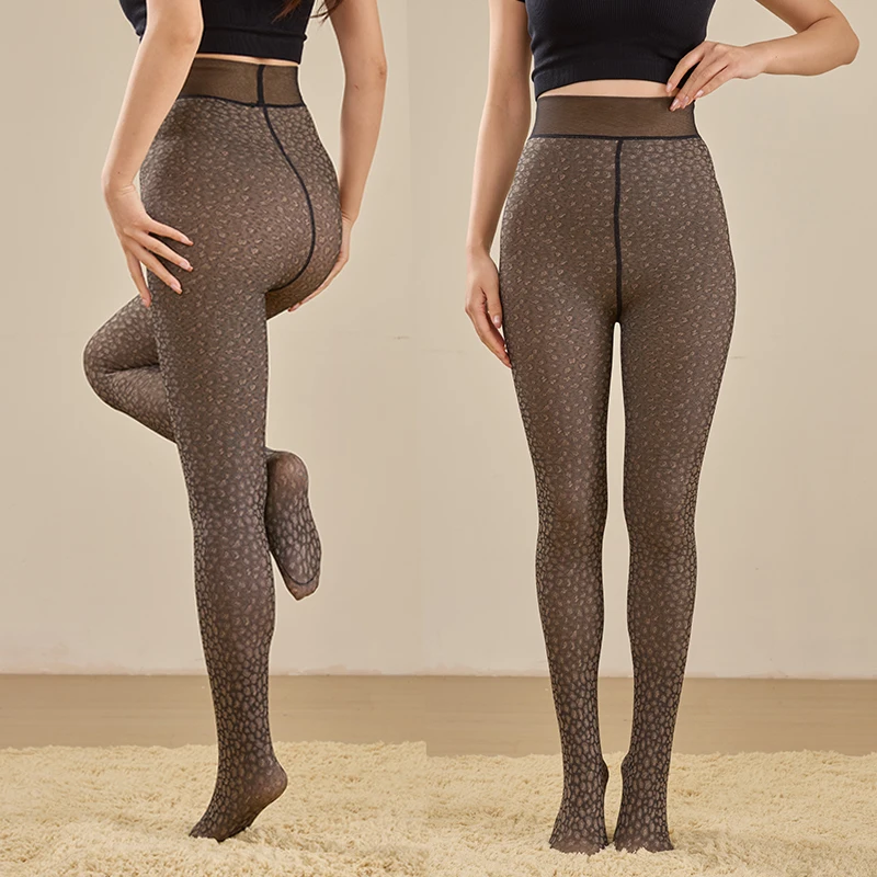 1 par de medias forradas de lana, mallas térmicas para mujer, pantimedias transparentes falsas translúcidas, cálidas, ajustadas, sexis, con patrón de leopardo para invierno