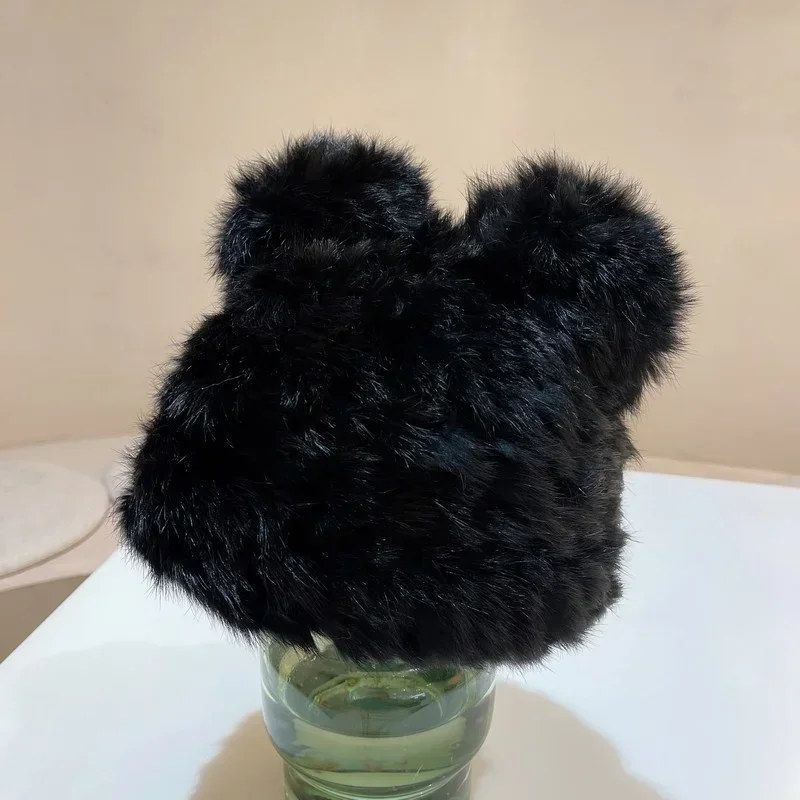 Black Bear Ears Rabbit Hair Beanies Cap Y2K Autumn and Winter Fashion Versatile Cute Plush Pullover Hats for Women and Men