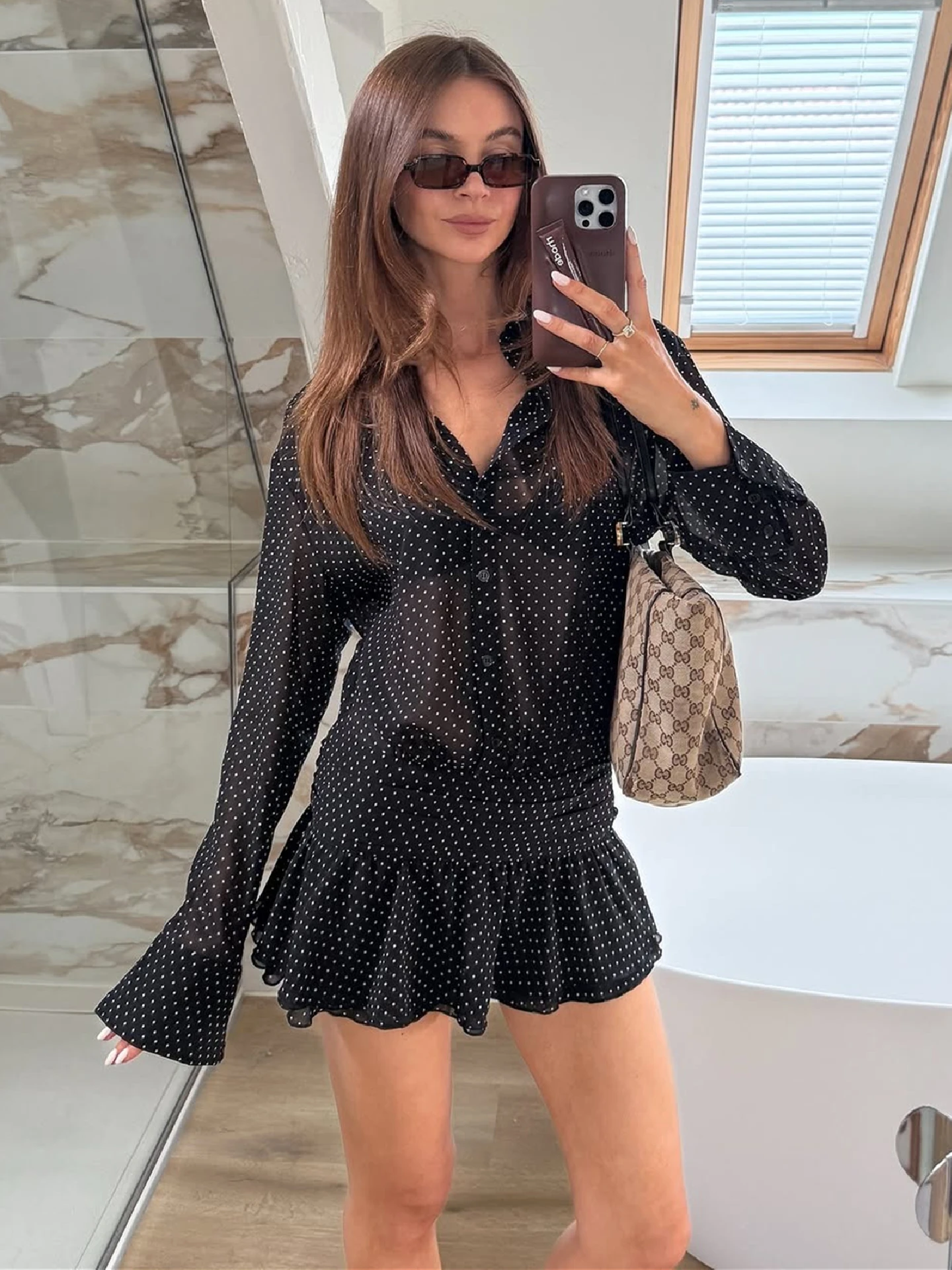 Dulzura Autumn Fashion Elegant Turn-Down Collar Long Sleeve Single Breasted See Through Chiffon Dot Mini Dress Party Club Outfit