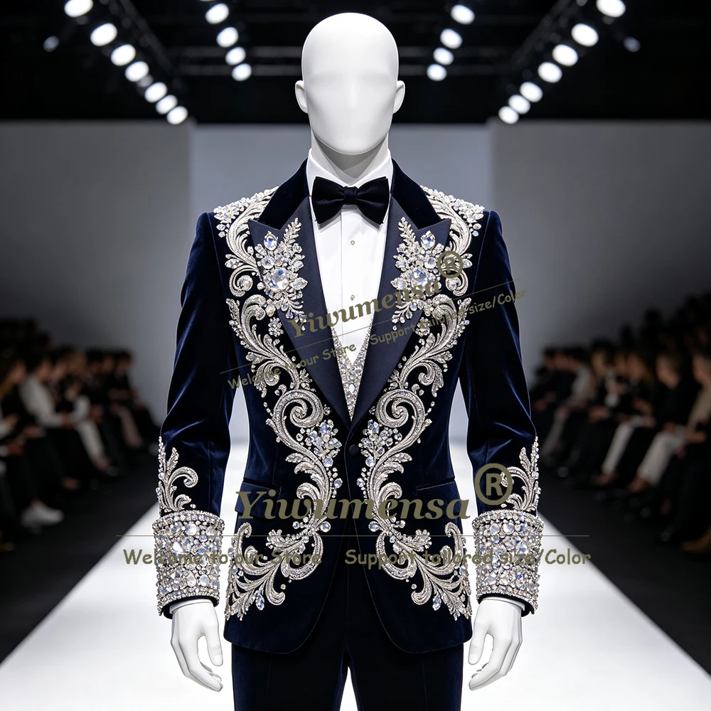 Hand Stitched Beadwork Wedding Suit For Man Rhinestones Velvet Jacket Pants 2 Piece Groom Formal Wear Tuxedo Attire Slim Clothes