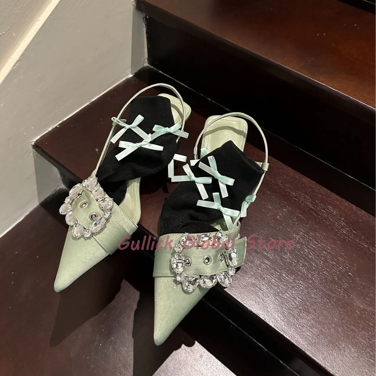 2024 New Style Pointed Toe Shallow Rhinestone Slingback Sandals Elastic Band Summer Dress Grace Wrapped Toe Cheap Shoes Concise