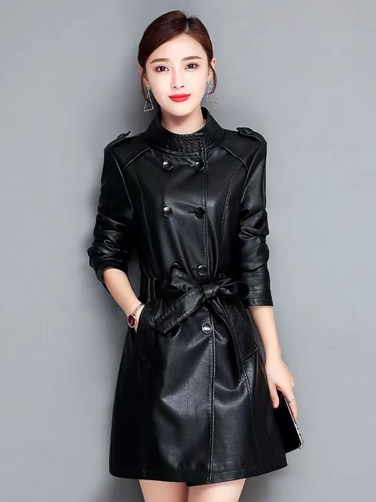 Spring Autumn Genuine Leather eepskin Coat Women's Slim Fit Long Sle Korean Version Heaning Windbreaker Jaet