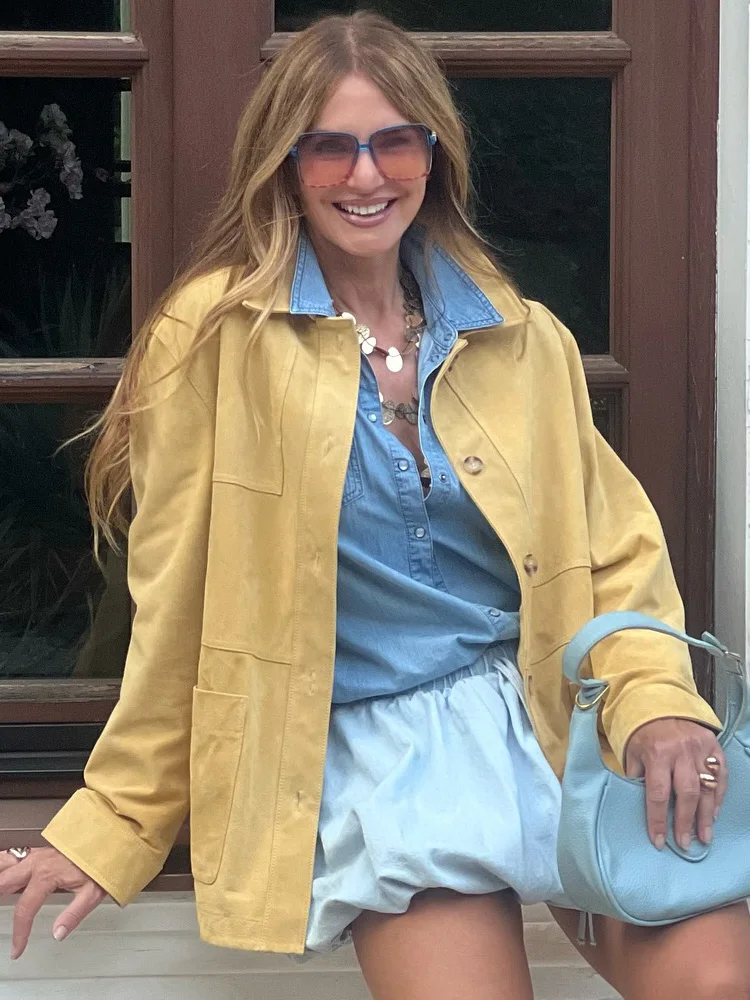 

HH 2025 Women's Summer Casual Long Sleeve Loose Jackets Yellow Turn-Down Collar Single-Breasted Female Fashion Pockets Coats