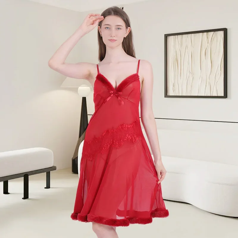 

Женская летняя новая ночная рубашка, женское нижнее белье, нижнее белье с пышным подолом, сексуальная перспективная кружевная лоскутная ночная рубашка, одежда для сна, домашняя одежда