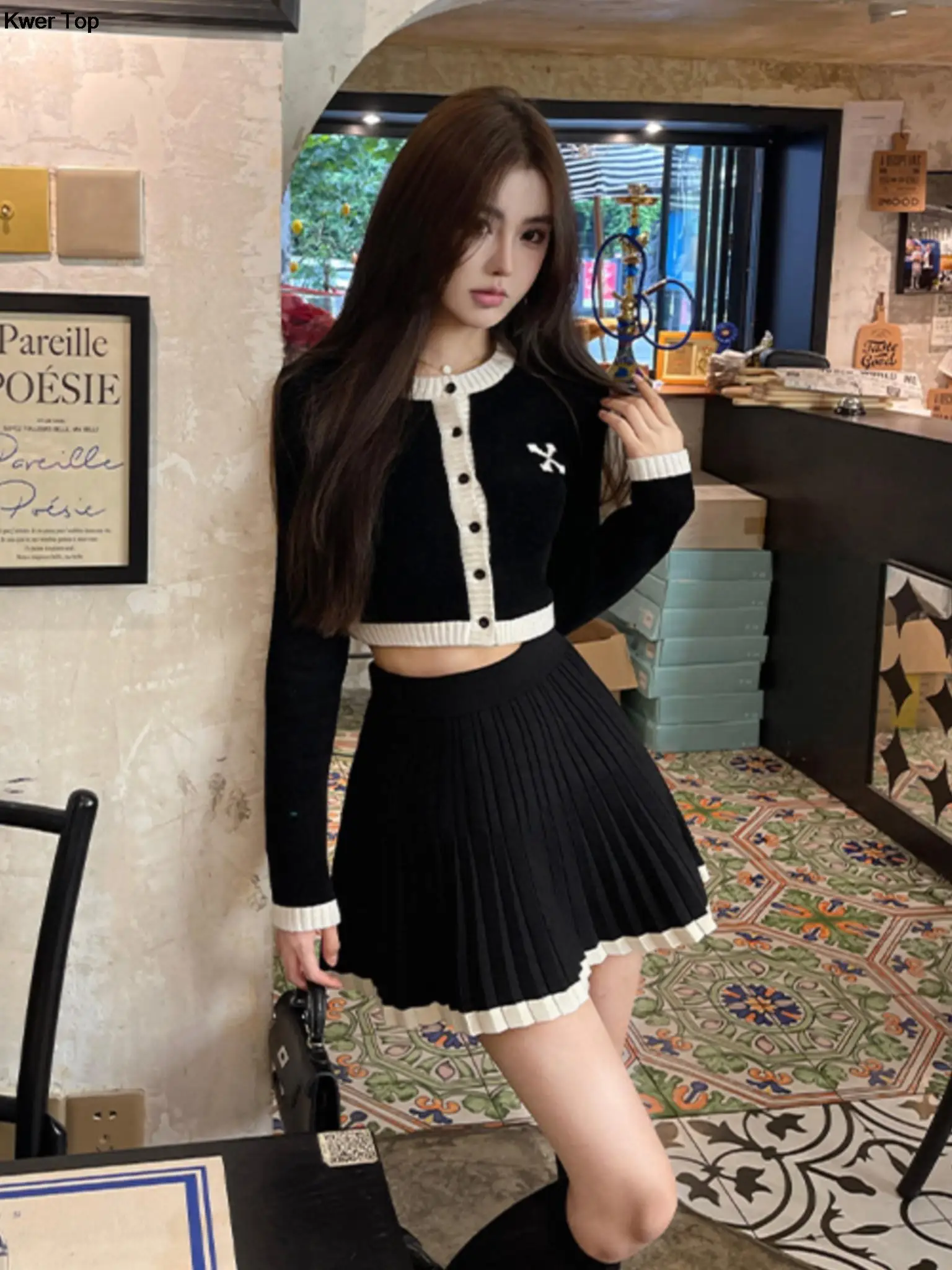 Autumn New Hight Waist Skirt 2 Piece Suit Korean Chic Patchwork Knitted Outfits Y2k Short Jumper Pleats Mini Skirt Set Women