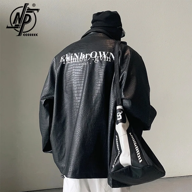 

Korean Fashion Crocodile Skin PU Leather Jacket Men's Harajuku Letter Print Hip Hop Bomber Jacket Women Street Motorcycle Coat