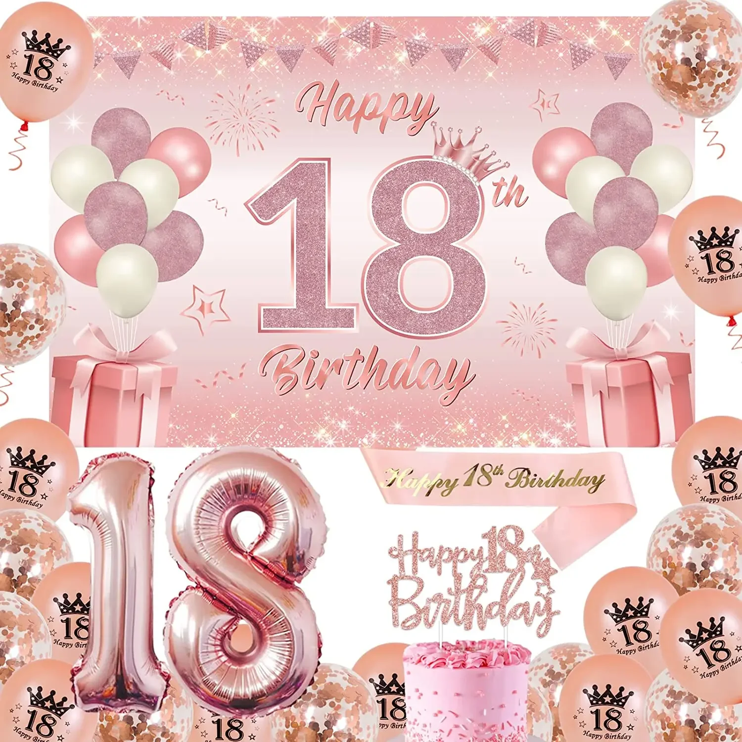 

Backdrop Sash with Confetti for Girls, Balloons Decor for Woman, Happy Birthday, Rose Gold, Number, 18th, 30th, 40th Years Old