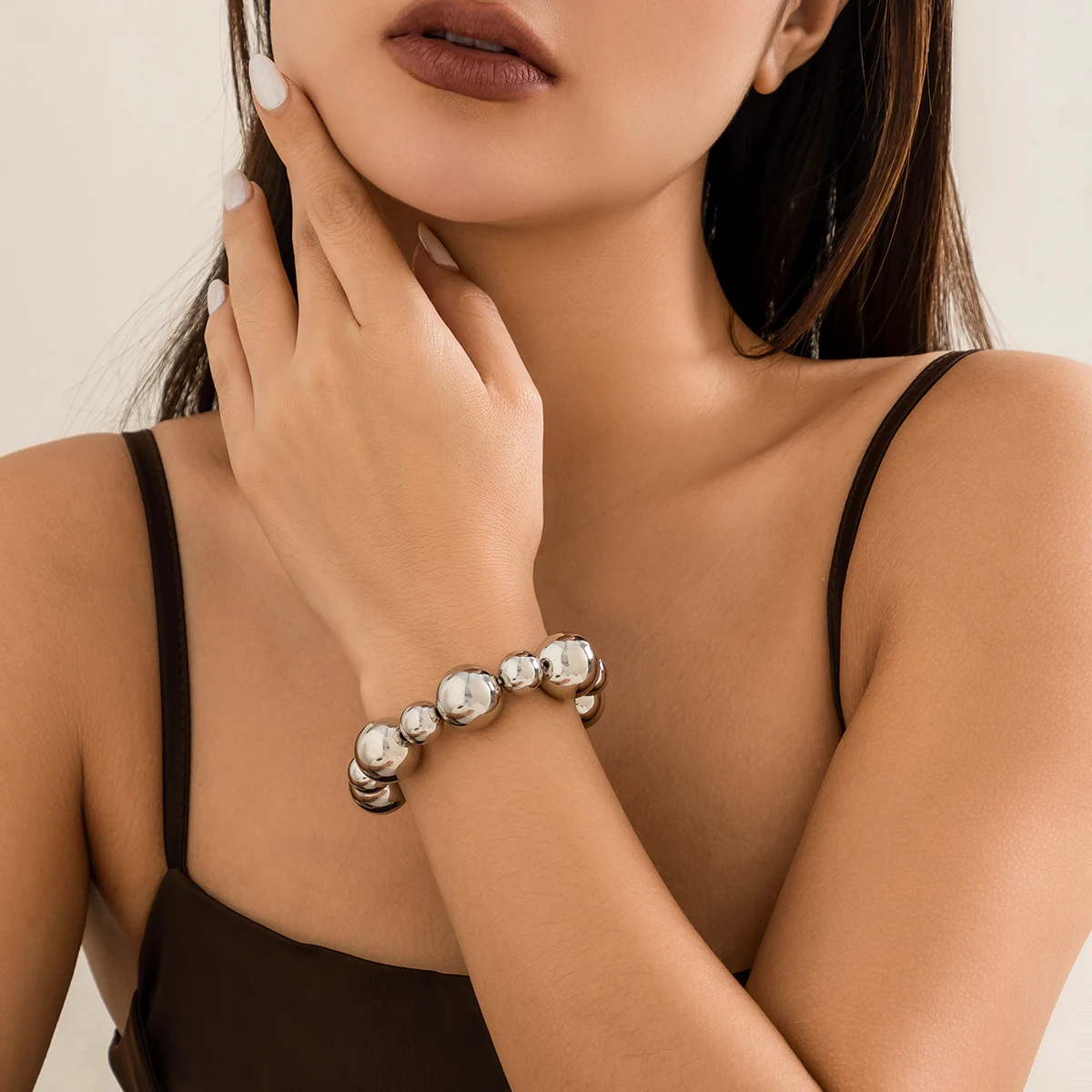 Lacteo Punk Big CCB Beads Strand Bracelet for Women Mix Color Round Ball Chain Bangles Party Wedding Street Jewelry Accessories
