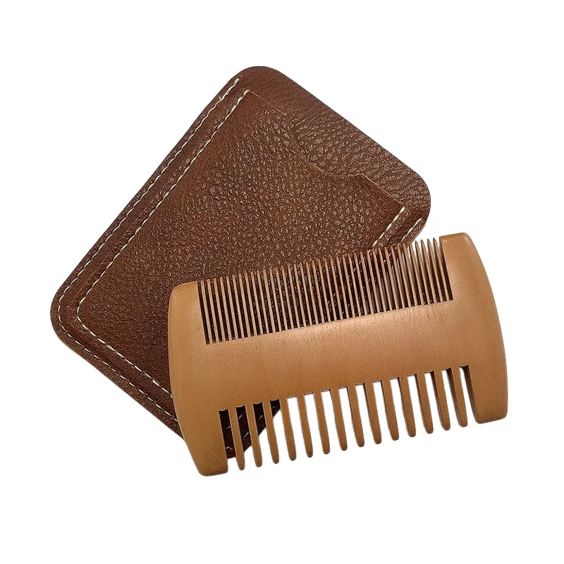 Natural Wood Hair Brush Beard Comb With PU Leather Case Anti-Static Mustache Pocket Comb Brushing Hair Care Tools For Men Gift