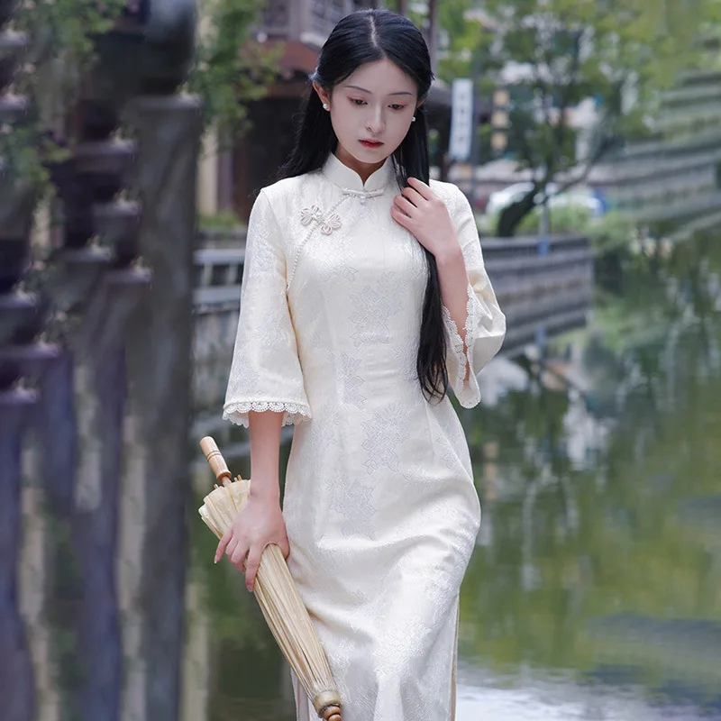 Spring/Summer Qipao 2024 New Young Girl Improved Cheongsam Dress Elegant Chinese Style Daily Elegance Long Sleeves Dress