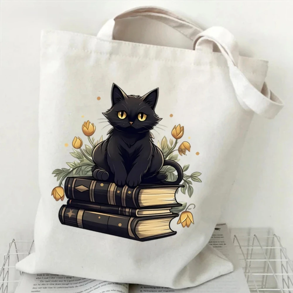 Curl Up With A Good Book Quote Canvas Tote,Black Cat & Books Print,Shoulder Bag, Ideal Gift for Everyday Carry, School & Library view 4