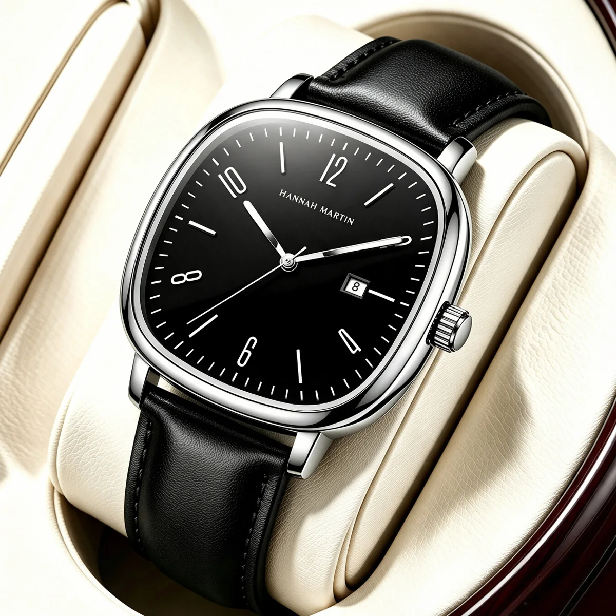 HANNAH MARTIN Men's Watch Black Leather Sports Clock Square 40mm Case Quartz Movement 3Bar Waterproof Fashion Business Watch Man