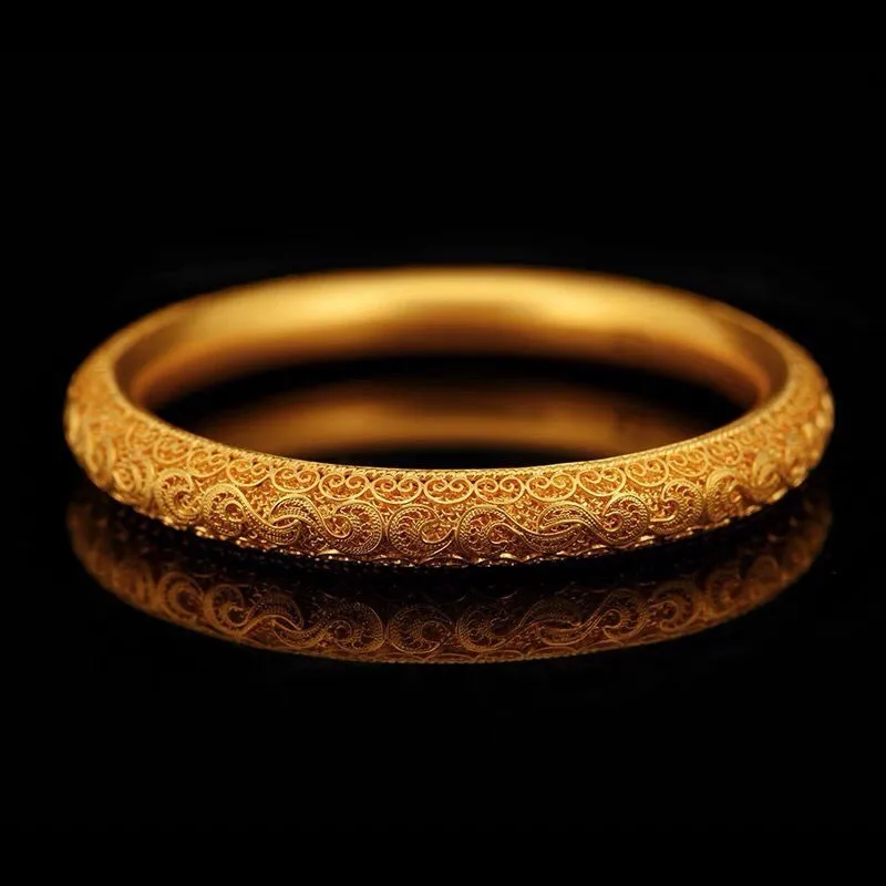 

Women's Hollow Filigree Bangle, 24K Gold, AU999 | Solid gold with intertwined lotus filigree, "Elegance" engraving inside.