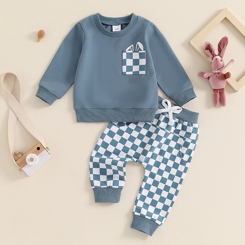 Vintage Toddler Kid Baby Boys Clothes Sets Long Sleeve O Neck Checkerboard Print Sweatshirts Long Pants Infant Causal Tracksuits