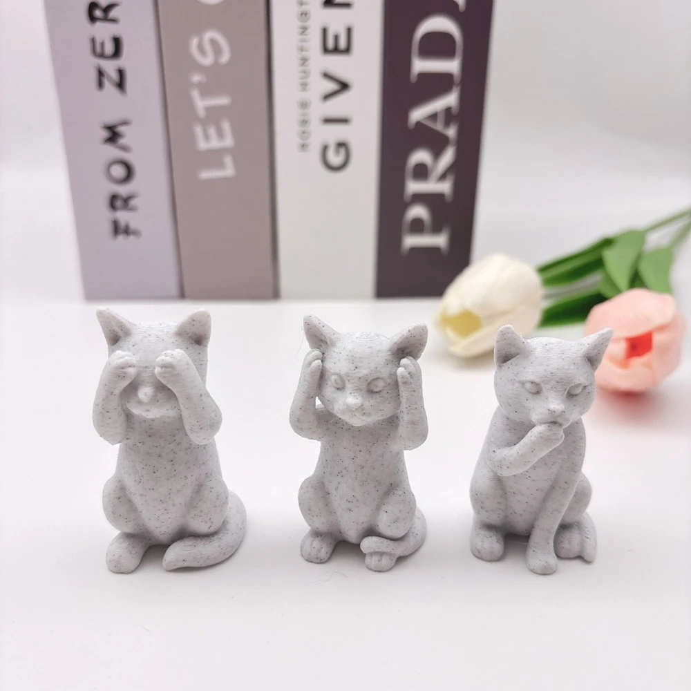 3 minimalistische kattensculpturen met drie wijsheid, wijze ornamenten die niet luisteren, zie, of spreken, gewaad, maar niet goed, zie het kwaad, maar zie je niet goed, speelse kat-vormige