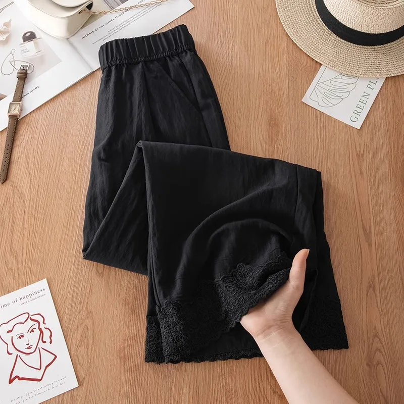 سراويل كتان نسائية صيفية عالية الخصر من الدانتيل مريحة مرقعة كاجوال تسع نقاط مستقيمة