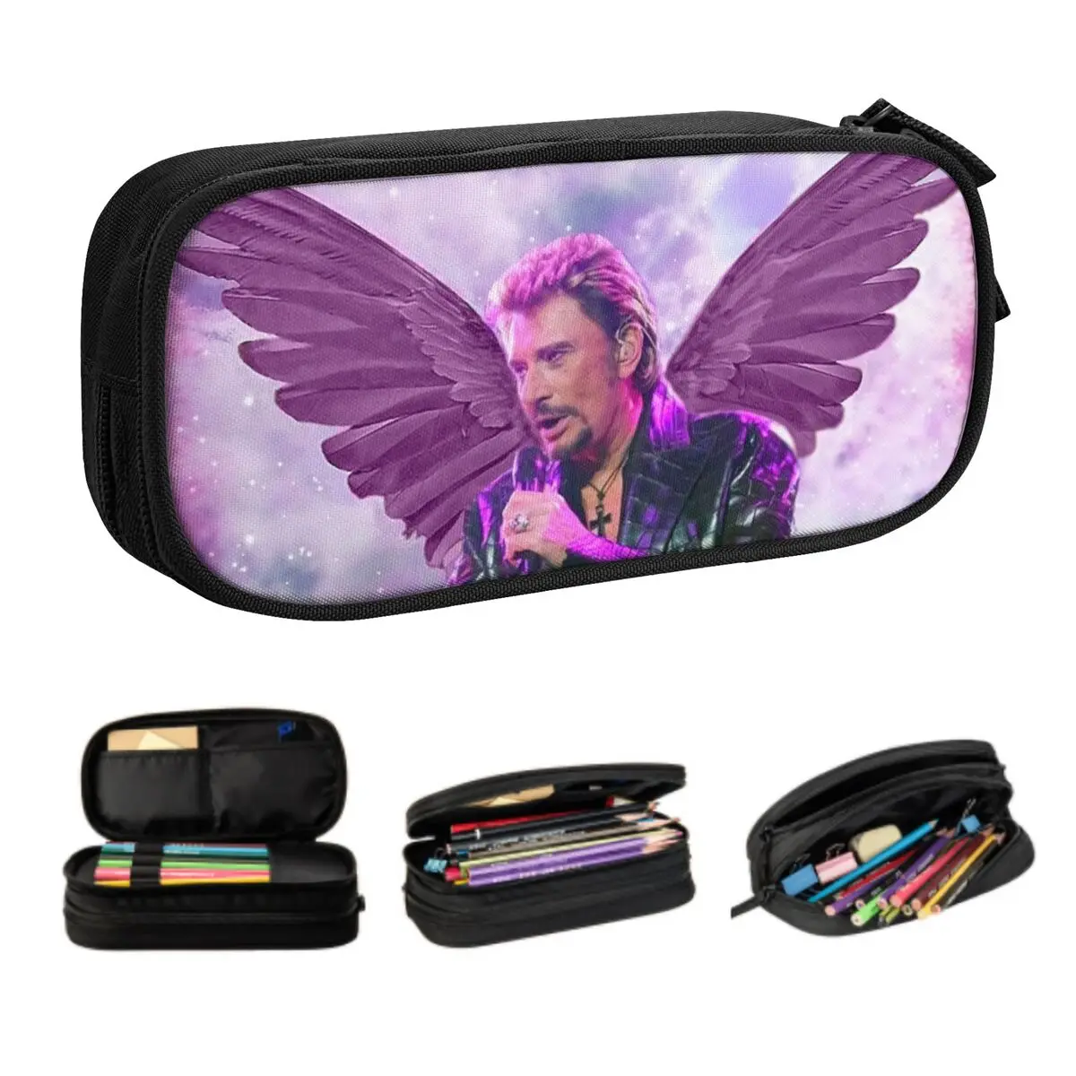 Custom Korean Johnny Hallyday Angel Wings Pencil Case for French Rock Singer Music Large Capacity Pen Bag Box School Accessories