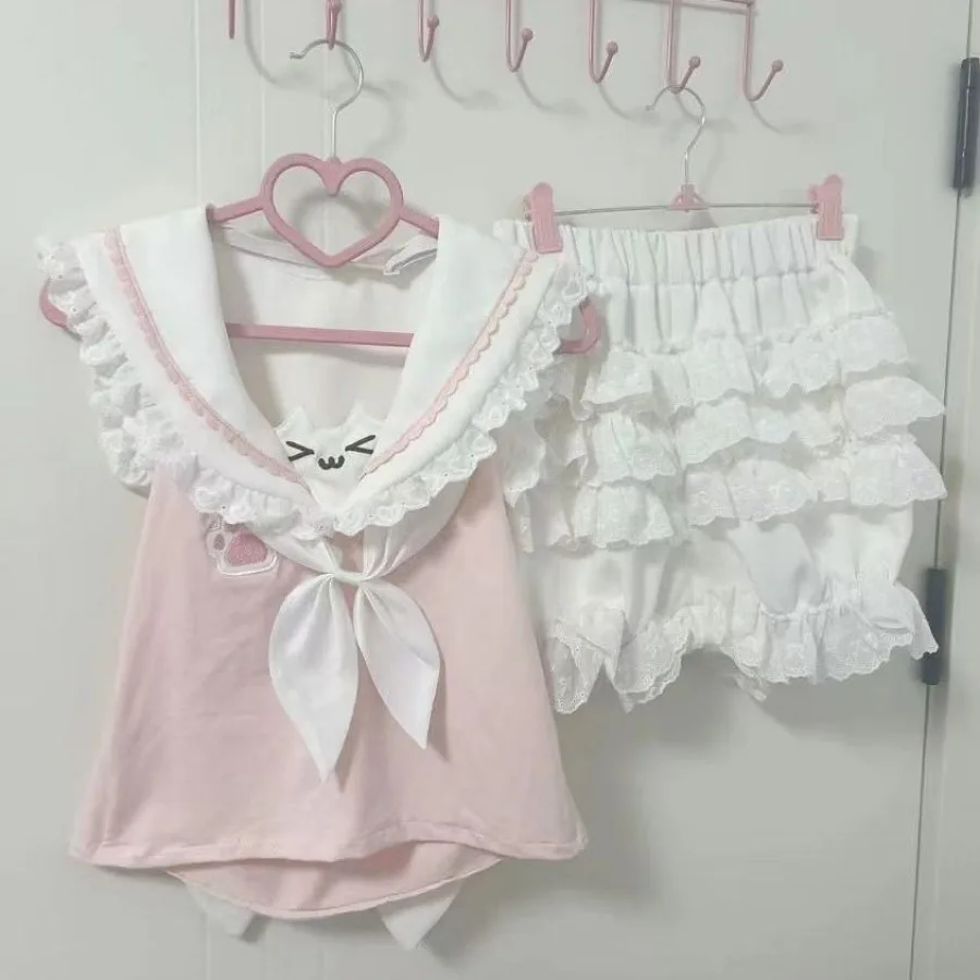 اليابانية القط الكرتون لطيف تي شيرت قصير Y2k Kawaii الملابس دمية الرقبة الحلو المرأة مقوس دانتيل الصيف قصيرة الأكمام تيز الجرونج