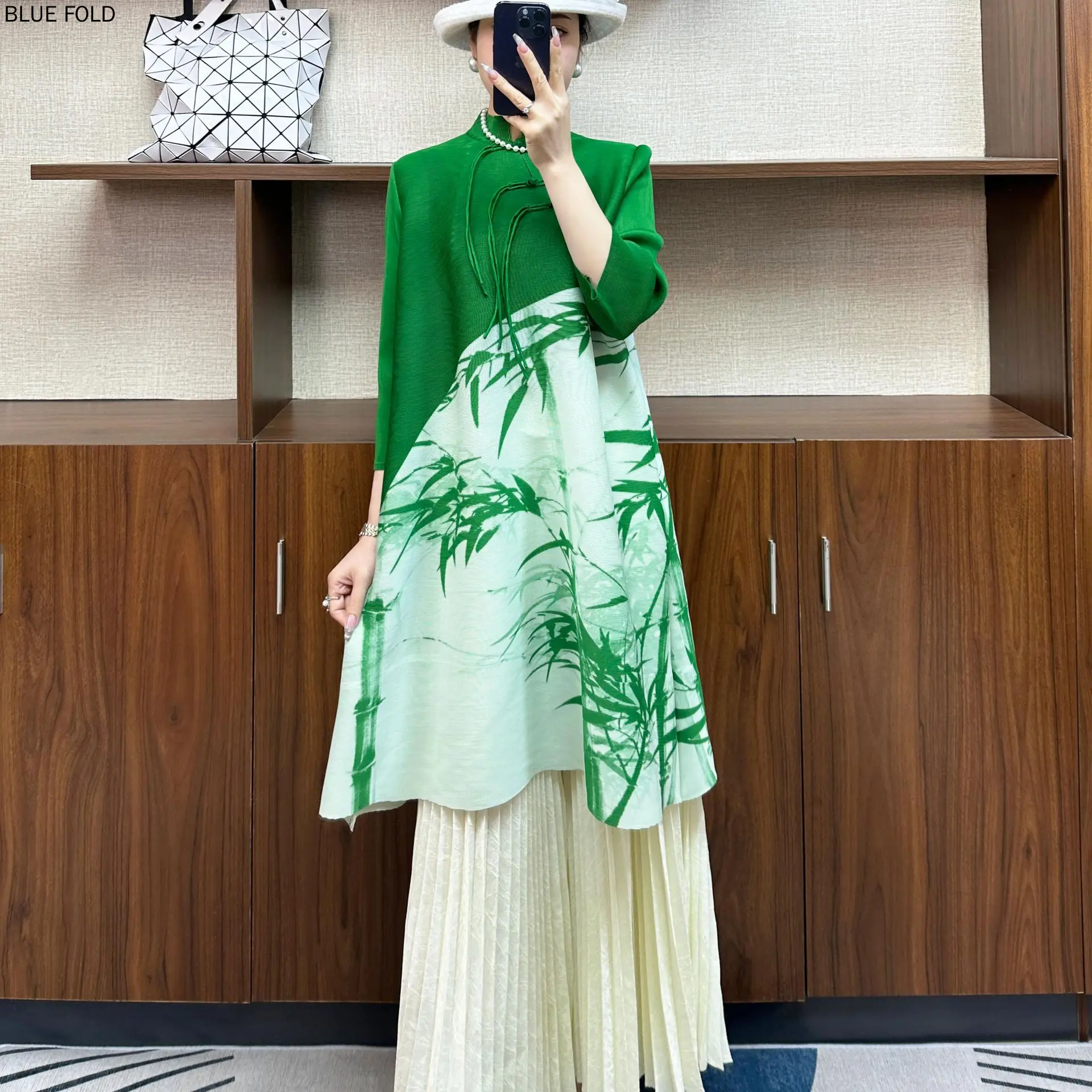 

MIYAKE PLEATS New Loose Pullover Large Size Chinese Style Women's Mid-length Dress Bamboo Leaf Ink Print Dress Elegant Vestido