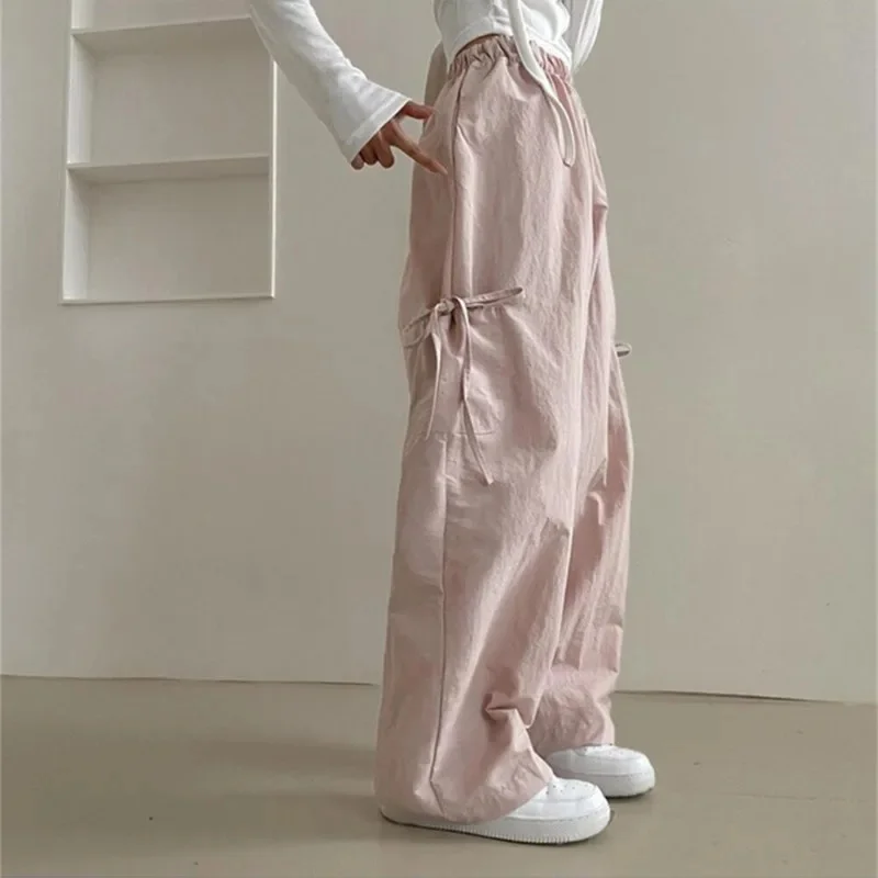 

Women's Solid Bowknot Cargo Pants Wide Leg Trouser Loose Elastic Waist Straight Pants Casual Streetwear Big Pocket Design Y2K