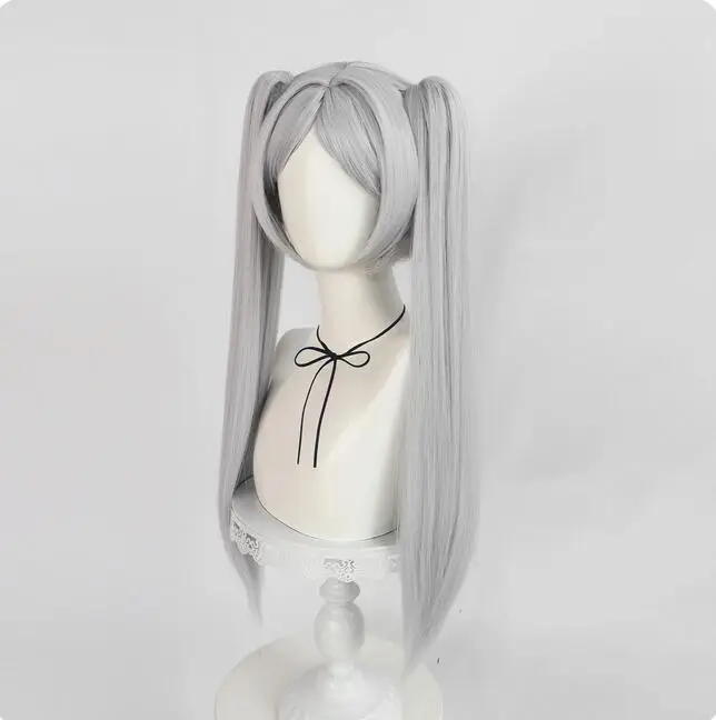 24Inch with Double Ponytails Wigs Synthetic Hair Long Straight Silver Gray Cosplay Wig Anime Halloween