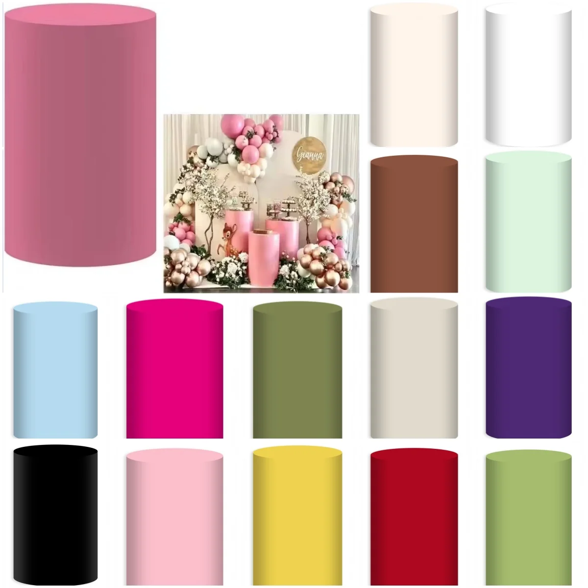 Pink BLack Red Green Purple Blue White Cylinder Column Covers Print Fabric Elastic Polyster Party Decoration Dessert Table Cover