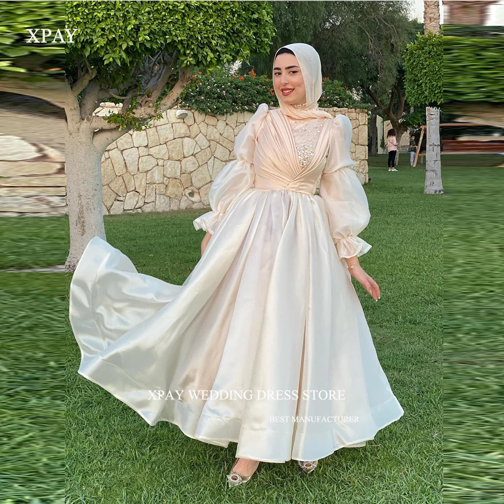 

XPAY Modest Light Pink Silk Organza Satin Evening Dresses Puff Long Sleeves Crystal Ankle Length Prom Gowns With Hijab Elegant