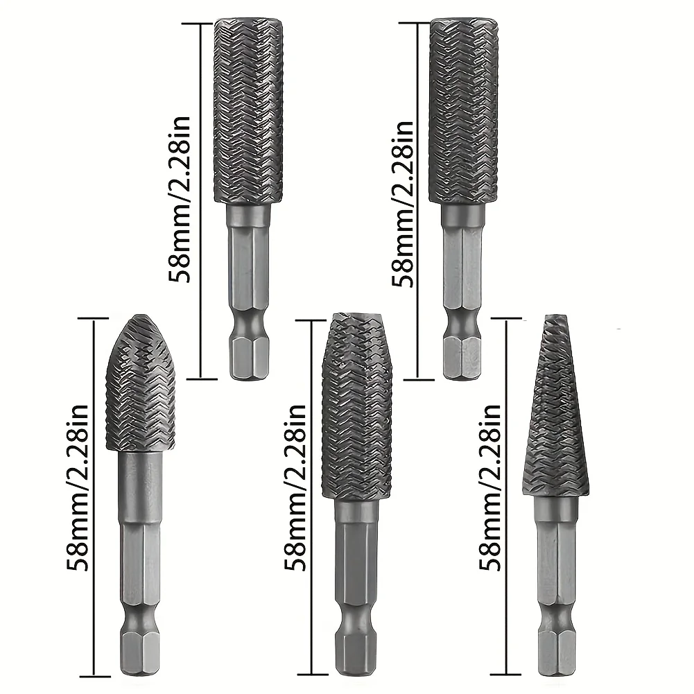 5pcs Hex Shank Rotary Steel File Set for Drilling, Grinding, Sanding & Engraving - Durable Carbon Steel, Dark Gray