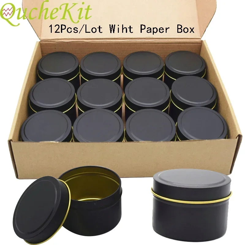 Black Round Metal Candle Tin Jar, Vazio Pot, Plain Screw Top Latas, Face Cream Cosmetic Container, Spices Tins Cases, 4oz, 12Pcs