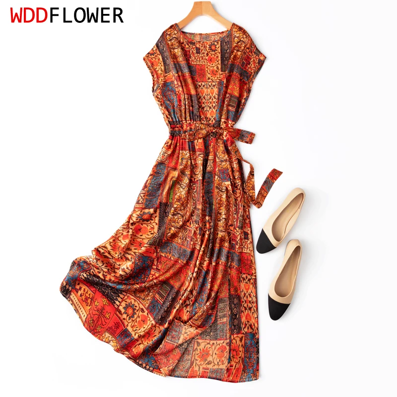 Women Silk Dress 92% Mulberry Silk 8% Spandex 20 momme Jacquard Silk O Neck Belted Waist Colorful Long Dress M1214