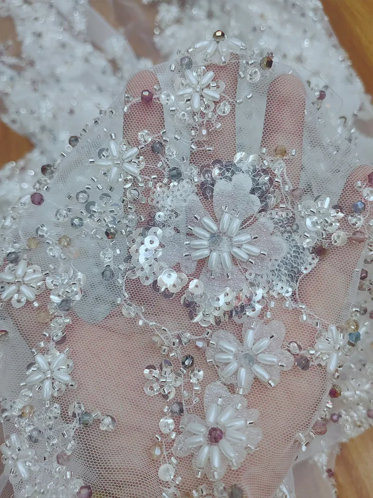 

3D White Beaded Sequins Lace Soft Tulle DIY Material for Wedding Dresses and Garment Decor Ideal for Crafting Beautiful Garments