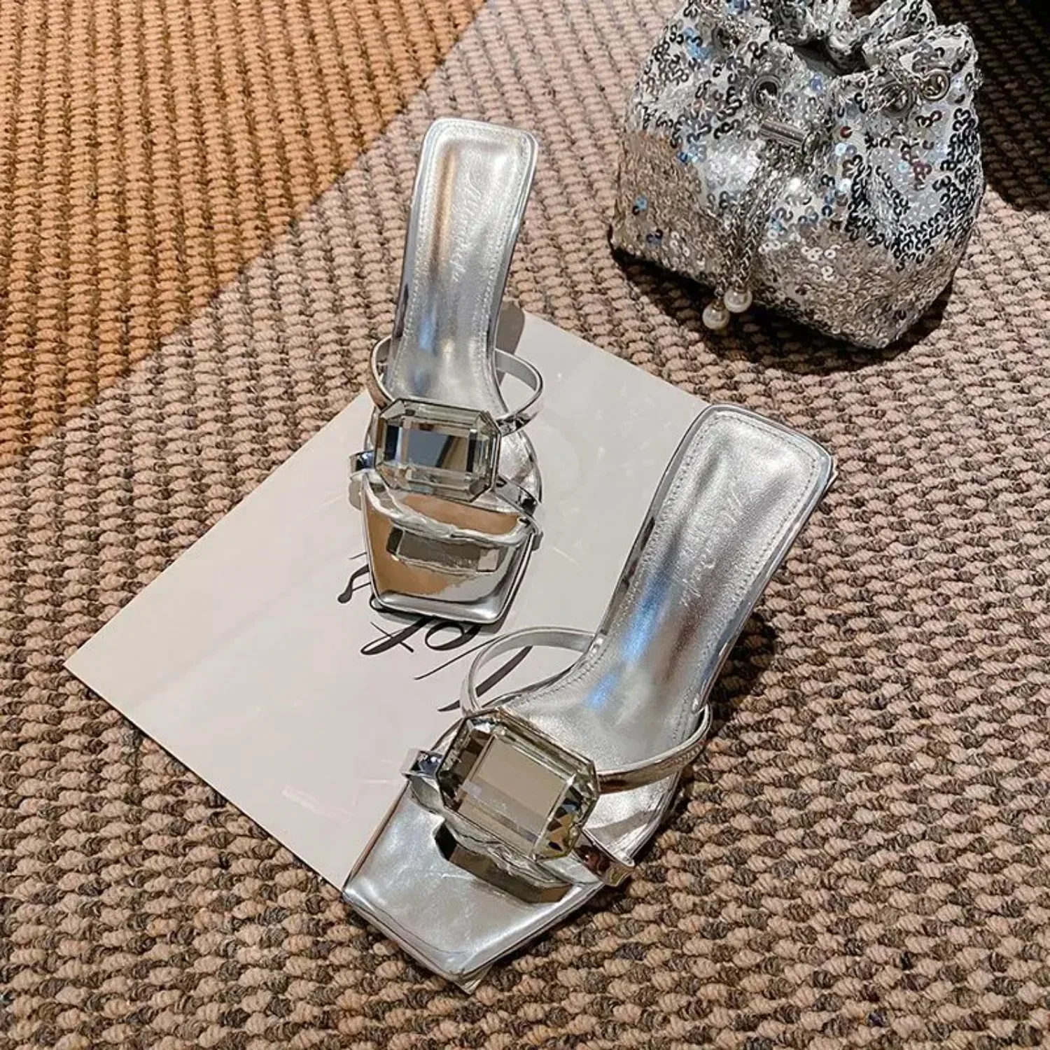 2026 Summer Silver Metallic Big Square Crystal Square Toe Stiletto Mule Sandals Daily Dating Club Evening Party Occasion
