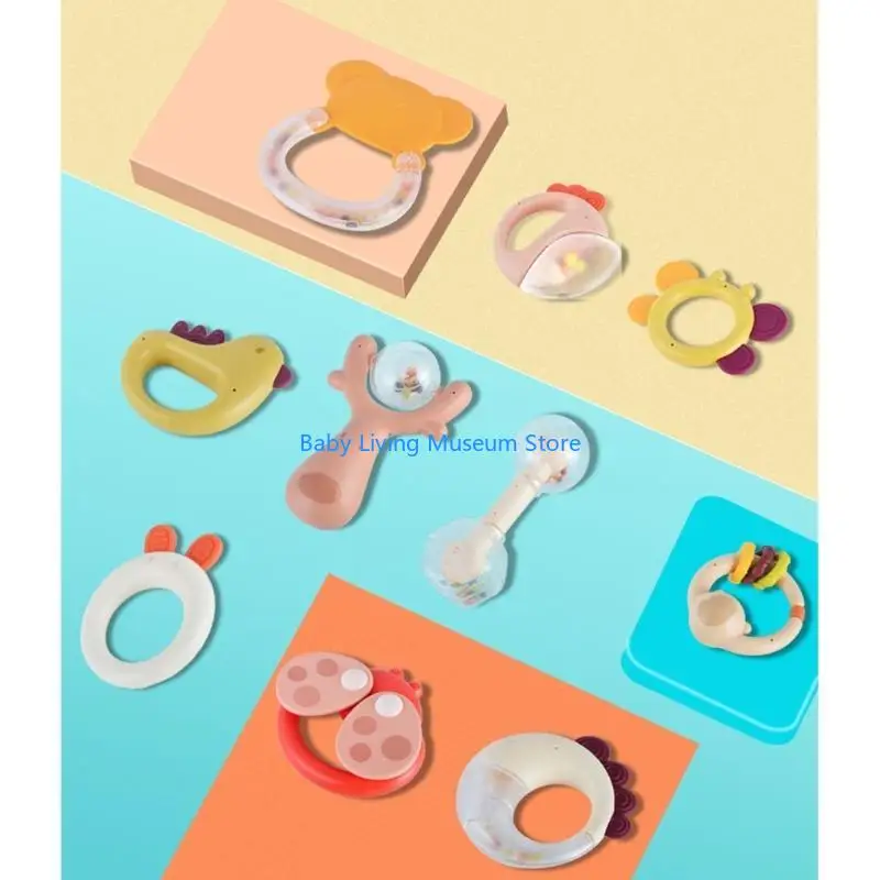 P31C 10 Pieces Small Animal Rattle Mixing Color Teething Ring Baby Set from 0 3 6 9 12 Months High Modeling Baby Toy