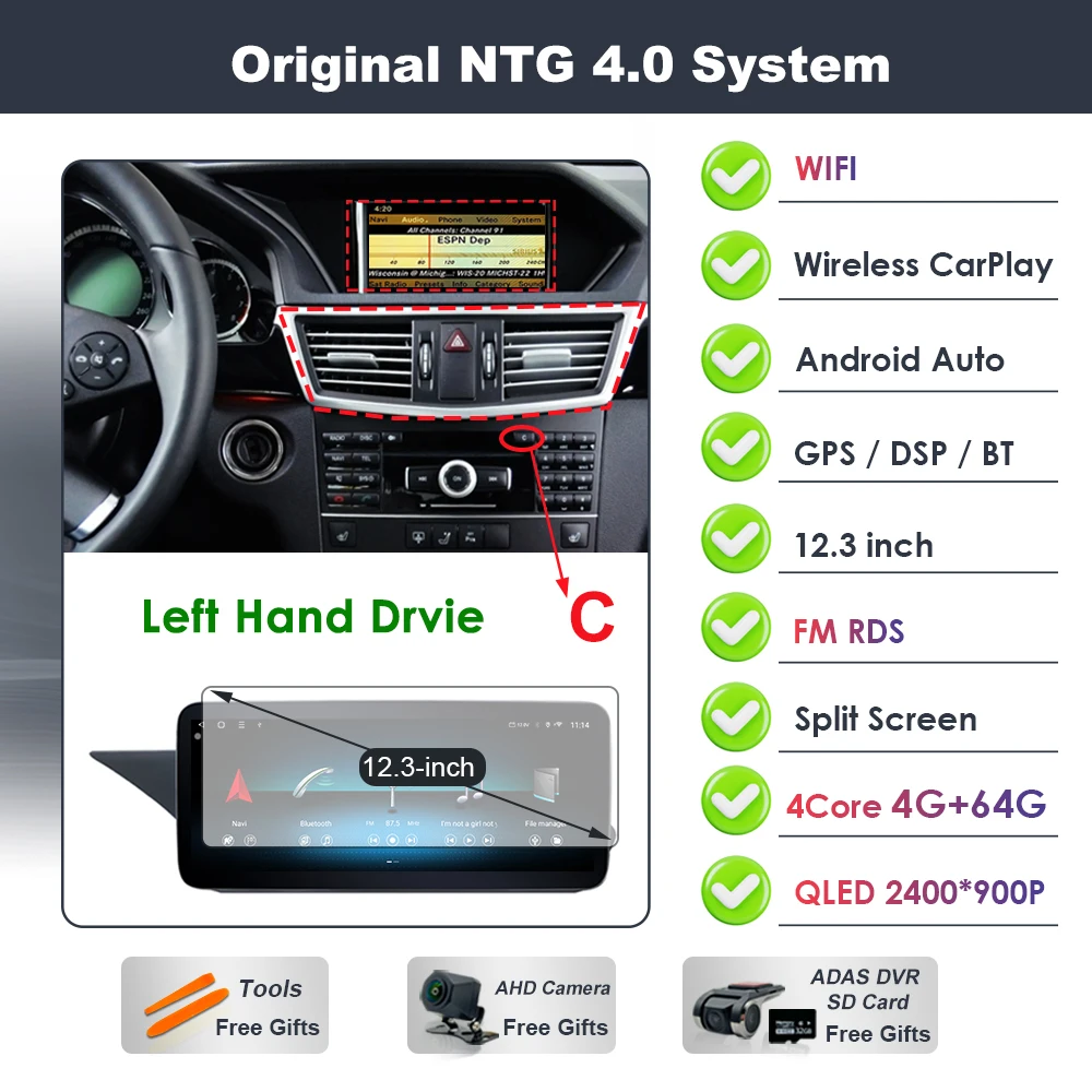 Draadloze Carplay voor Mercedes Benz E-Klasse W212 2009-2015 Android 16 autoradio video DSP stereo GPS QLED touchscreen 4G WiFi BT