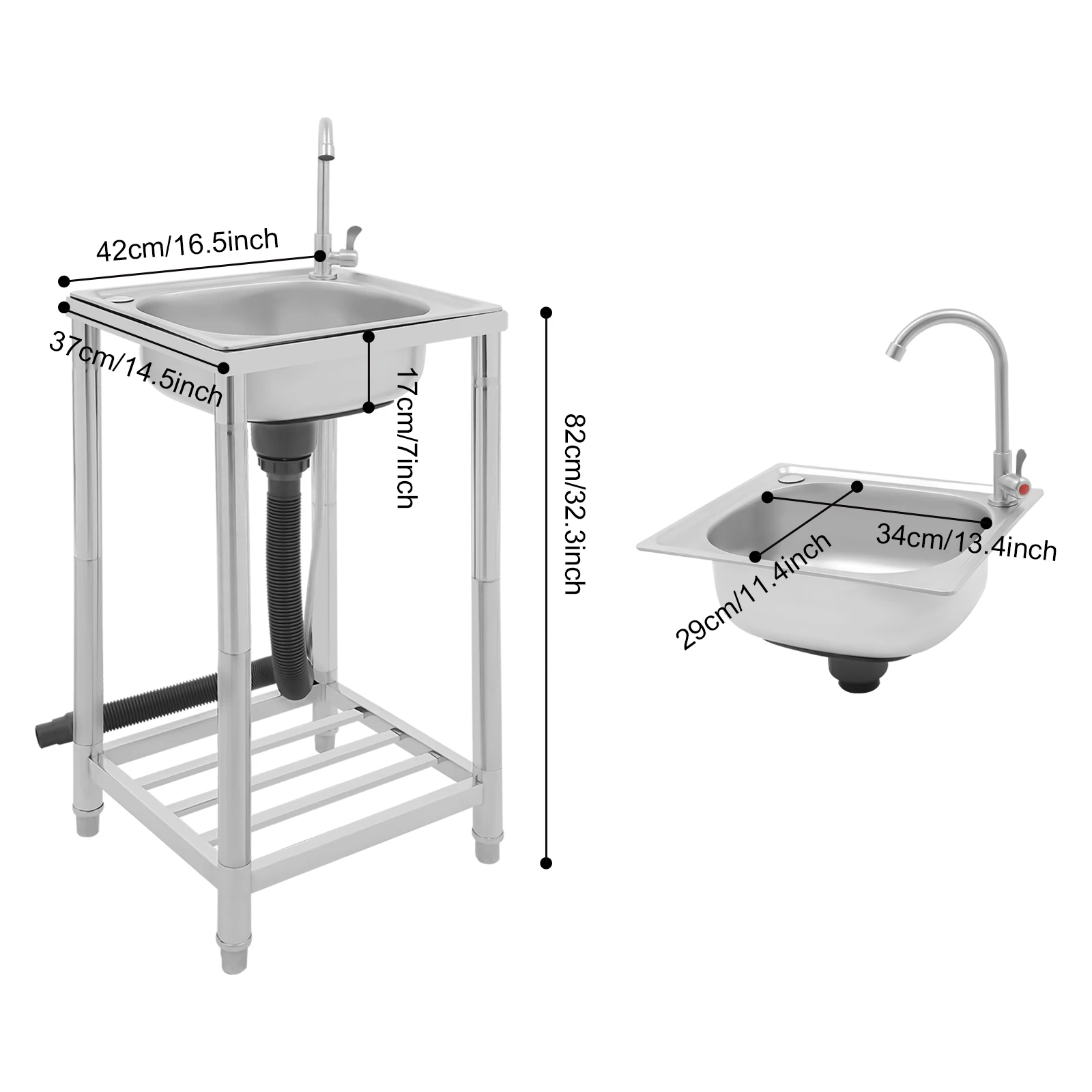 Kitchen Sink with Large Basin Silver Stainless Steel Sink 360° Rotatable Faucet Free Standing Single Bowl Sink