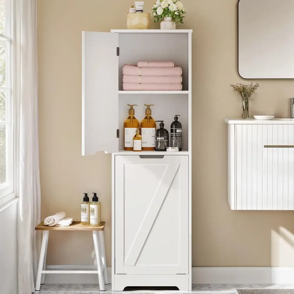 Tilt Out Laundry Hamper Cabinet with Adjustable Shelves and Storage Basket White Sturdy MDF Construction Wheeled Basket Easy