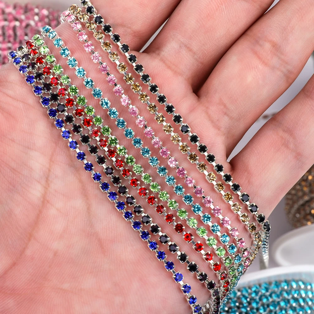 VC Silver base Color SS6-SS18 Crystal Rhinestone Chain Sew-On Glue-On Trim Cup Chain For clothes DIY chain Accessories