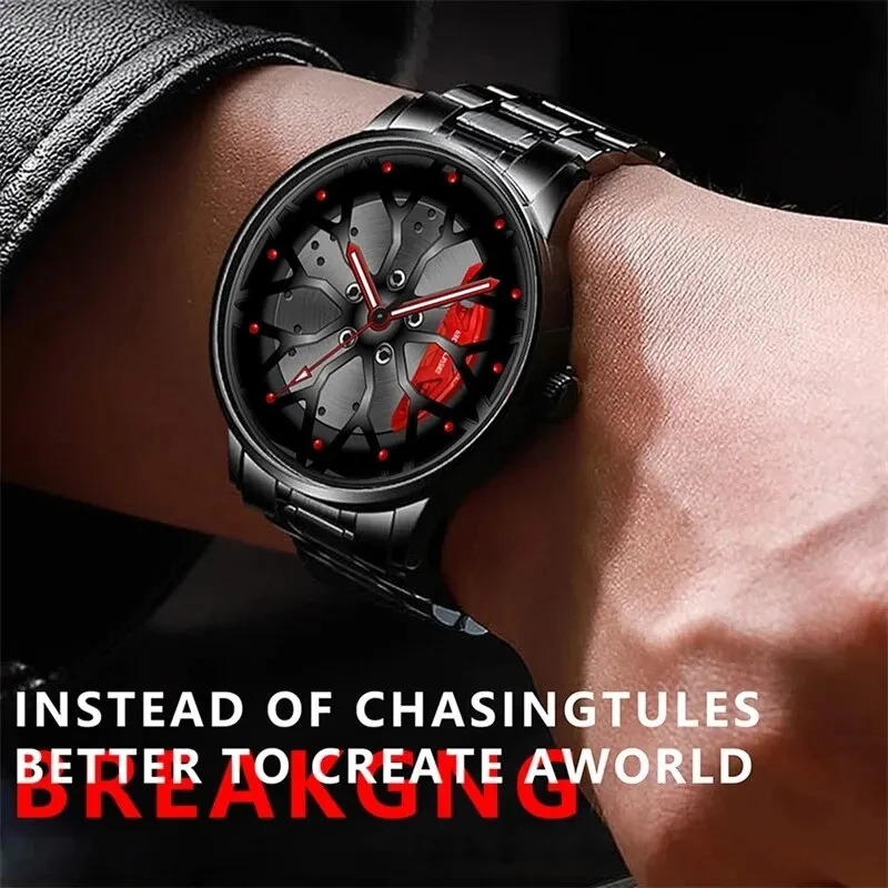 Fashion Mens Car Wheel Watches Luxury Men Sports Waterproof Quartz Wristwatch Stainless Steel Wheel Hub Watch Relogio Masculino