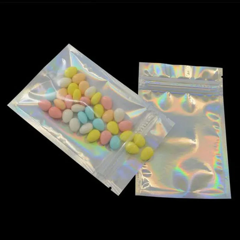 Holographic Color 100 Pcs Resealable Smell Proof Bags Foil Pouch Bag Flat laser color Packaging Bag for Party Favor Food Storage